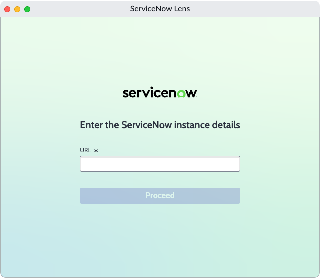 ServiceNow レンズ スタンドアロンアプリケーションとしてのログイン画面。