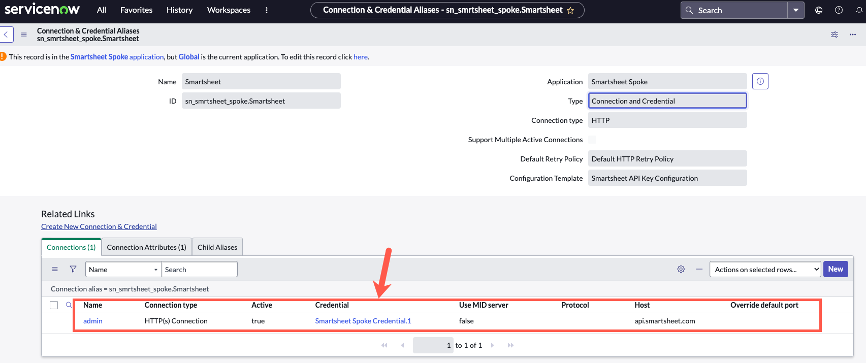 Smartsheet 接続および認証情報レコードが作成されました。