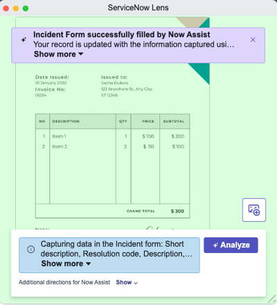 抽出されたデータがフォームに正常に入力された後のServiceNow レンズウィンドウの成功メッセージ。