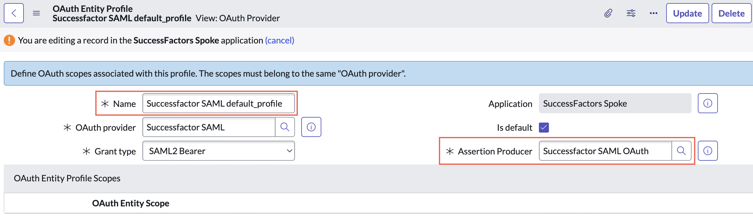 OAuth エンティティプロファイルレコード。