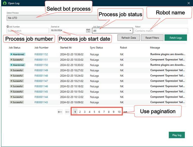 Abra a janela Log para buscar logs remotos.