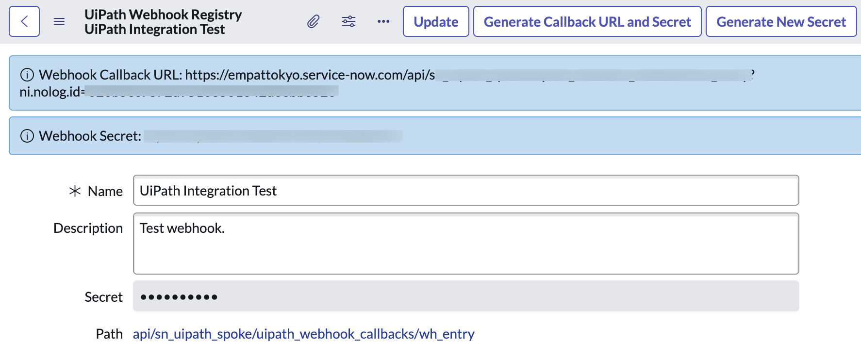 URL e segredo do retorno de chamada do webhook.