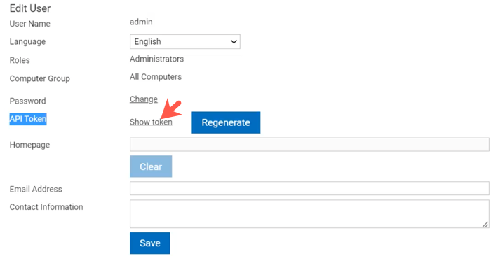 Mostrar link de token no campo Token de API.