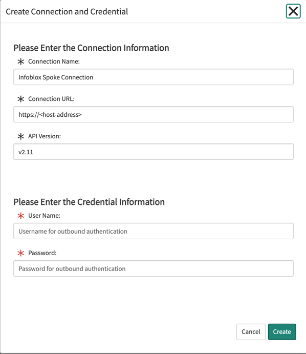 Formulário Criar conexão e credencial para o spoke do Infoblox