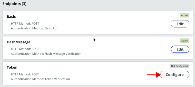 Botão Configurar para autenticação de token.