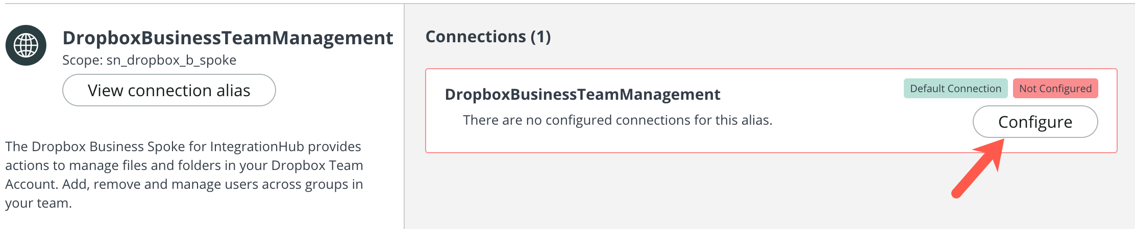 Botão Configurar para o alias do Team Management.