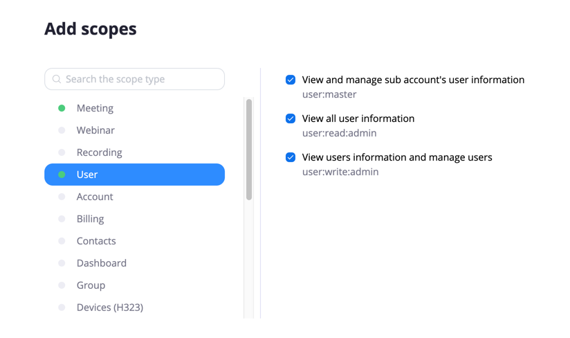 Adicione um escopo para exibir e gerenciar informações da conta do Zoom do usuário.
