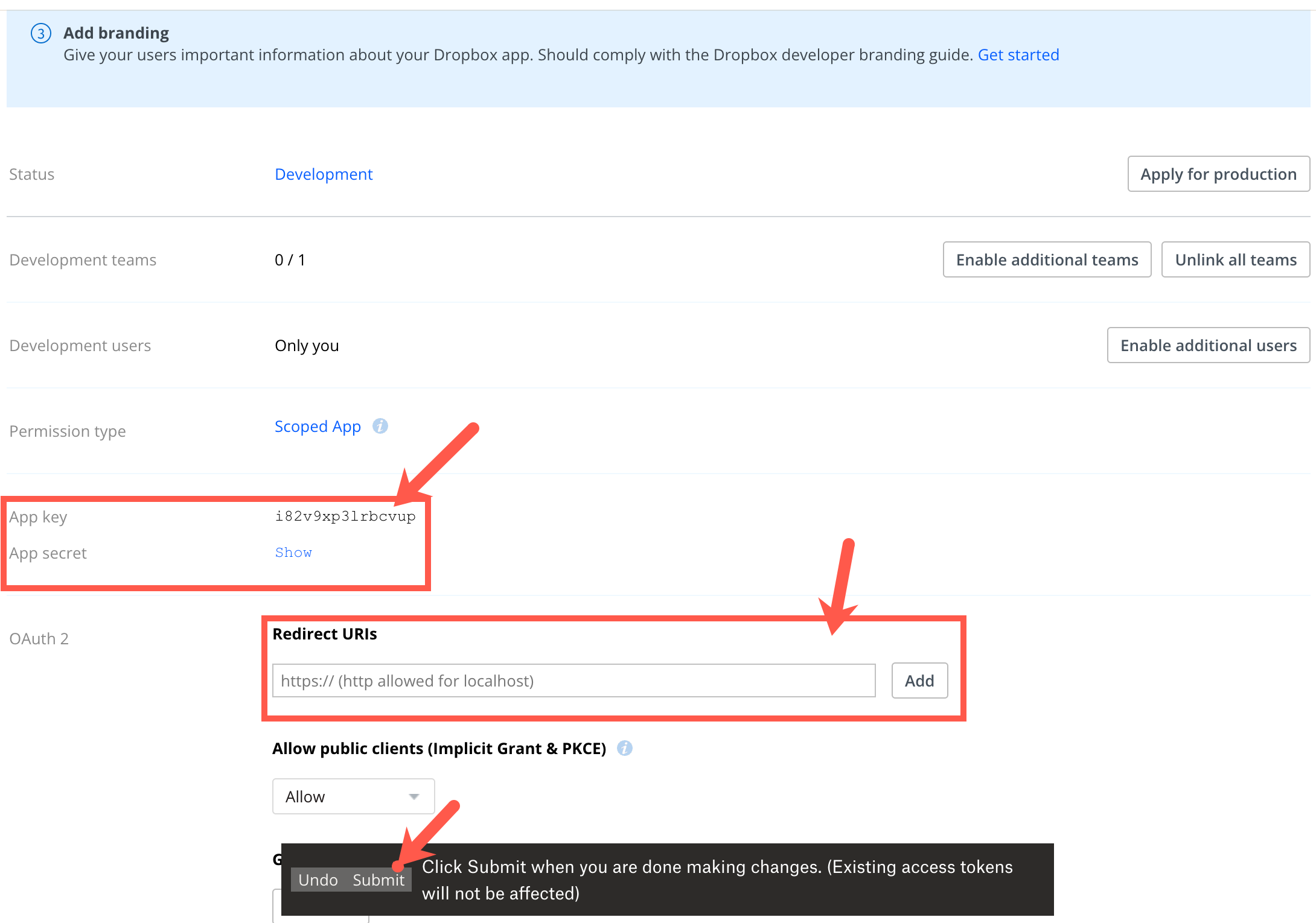 Configuração do OAuth na aplicação Dropbox Business.