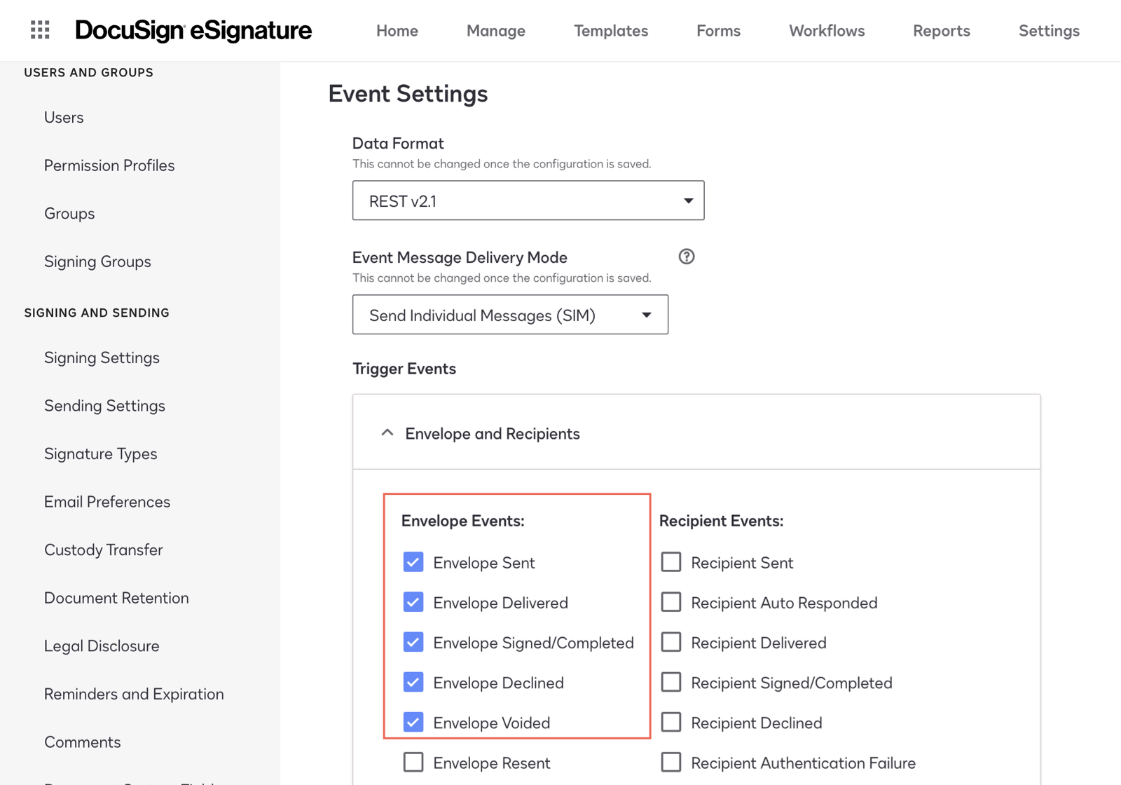 Selecione os eventos de envelope necessários.