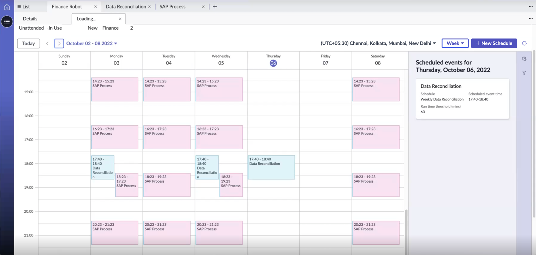 Exibição semanal da página principal do calendário do robô.