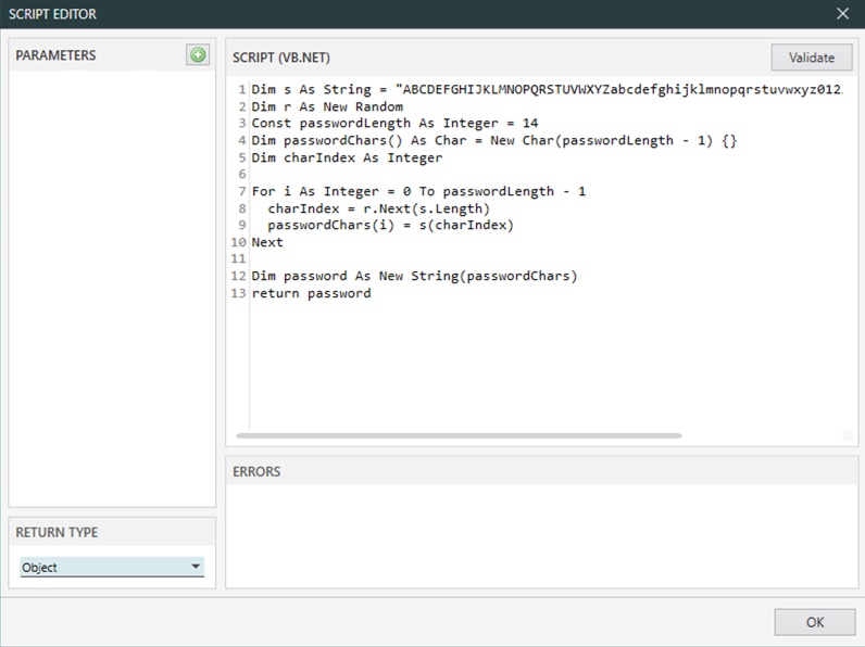 Janela do editor de script do componente do script.
