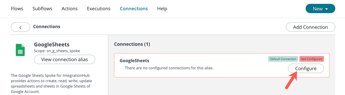 Botão Configurar no alias do Google Planilhas.