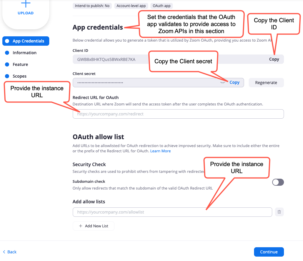 Configuração de credenciais de OAuth para spokes do Zoom.