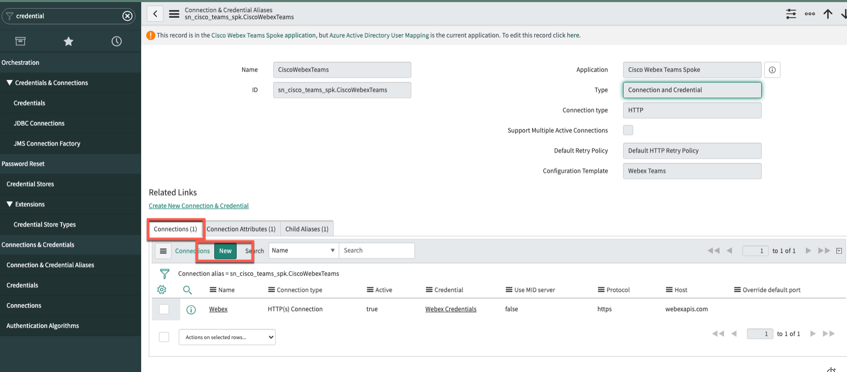 Nova conexão e credenciais para Cisco Webex Teams