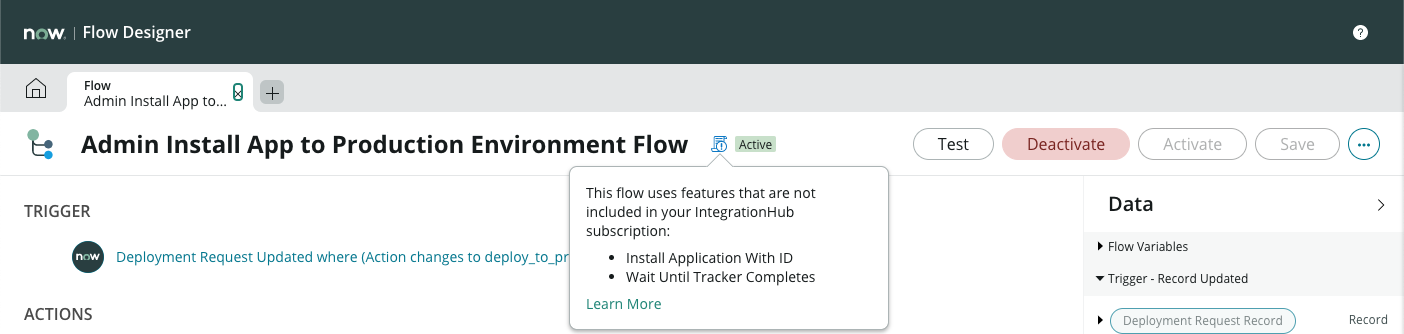 Mensagem informativa exibindo: "Este fluxo usa recursos que não estão incluídos em sua assinatura IntegrationHub ". Há dois recursos listados. A primeira é Instalar aplicação com ID e a segunda é Aguardar até que o rastreador seja concluído.