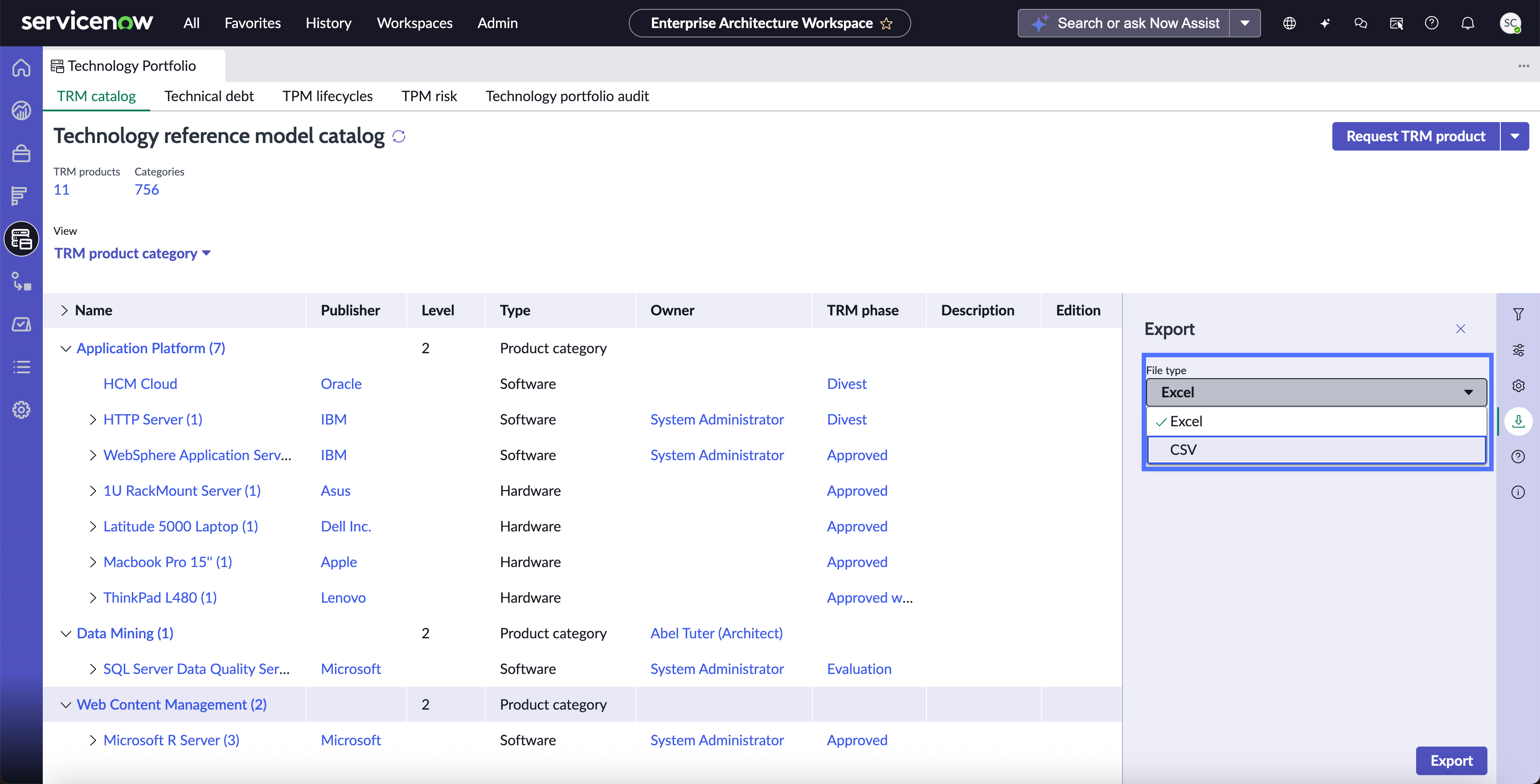 Export pane on the Technology reference model catalog page highlighted.