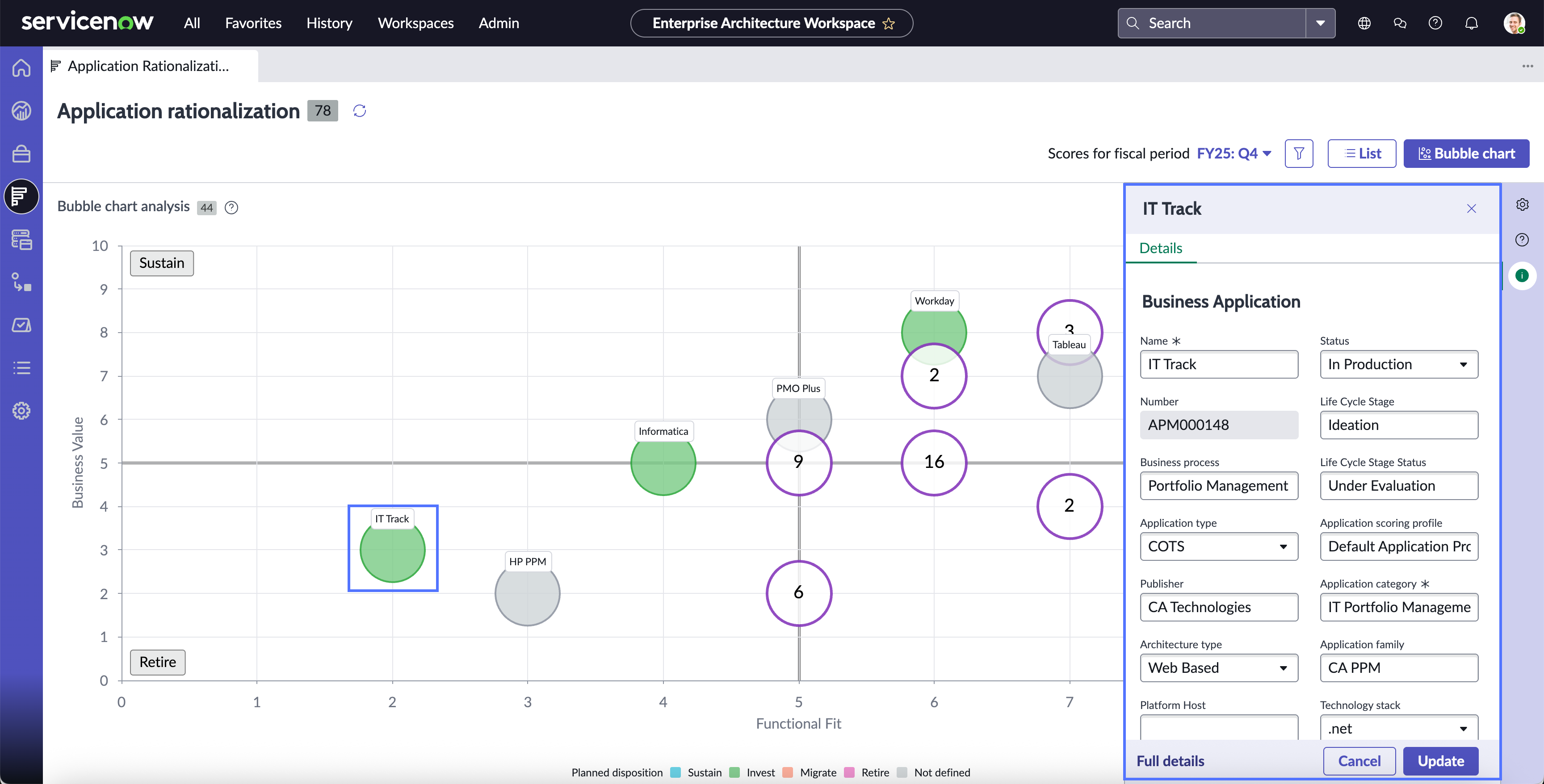 Bubble chart page with a single bubble and the info section displaying the business application details, highlighted.