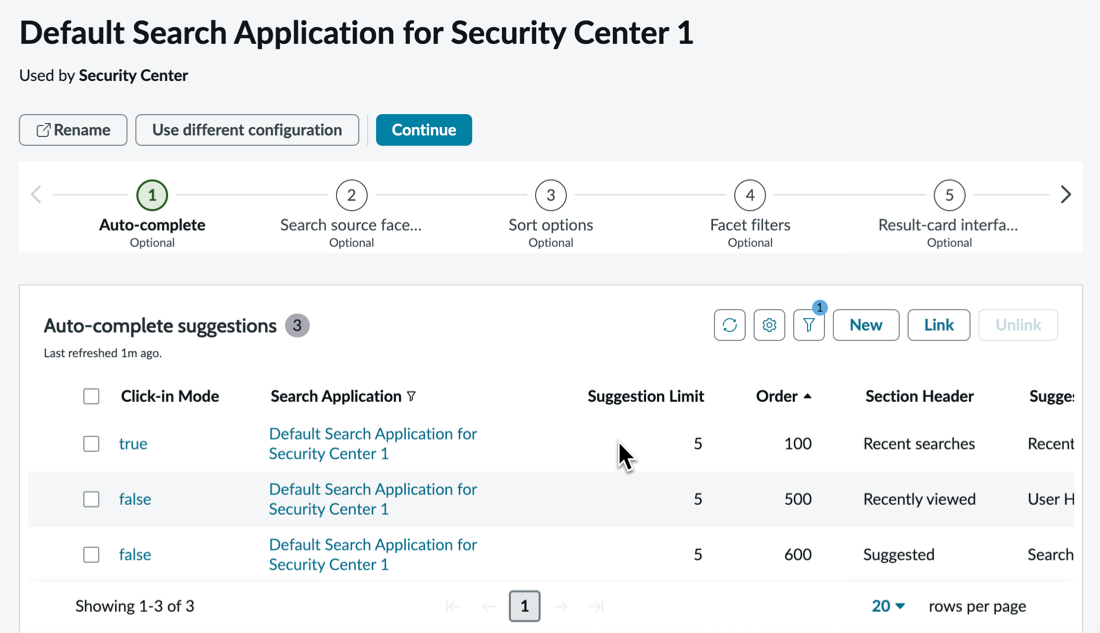 AI Search Admin console search application configuration view.