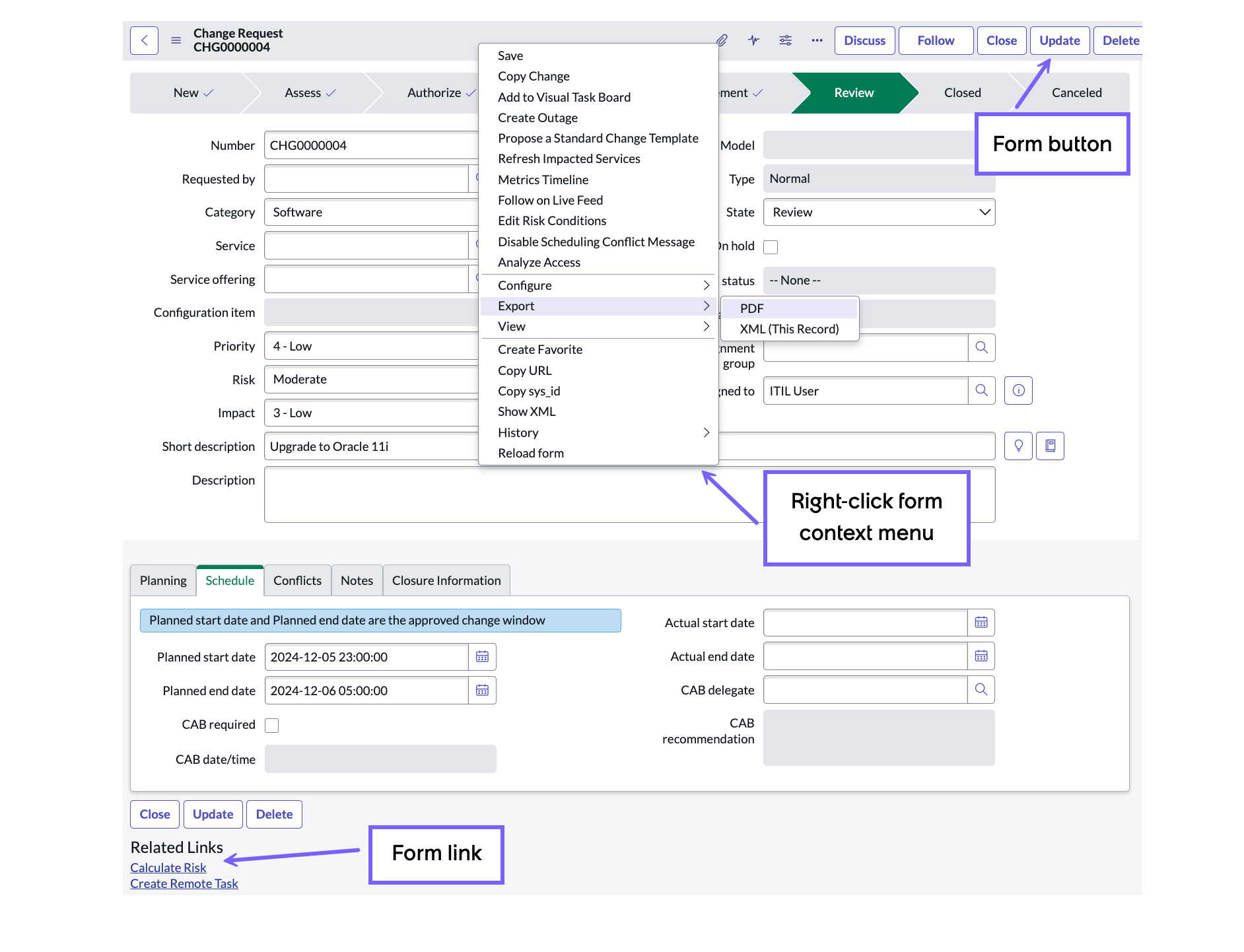 Form UI elements controlled by UI actions.