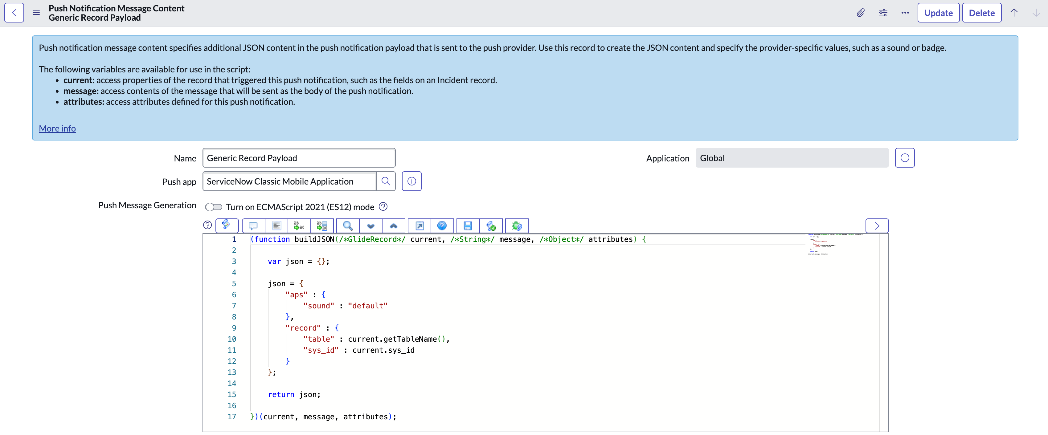 Push Notification Message Content form showing the Name, Push app, and Message Generation fields with a sample JSON script