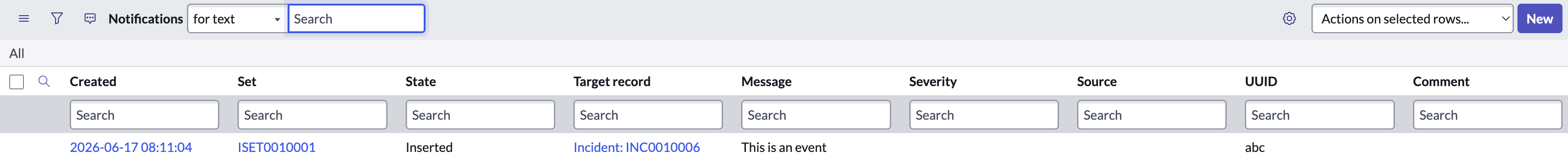 Import set table showing an event record that matches the JSON request data