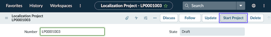 On the Localization Project form, the Start Project button is highlighted.