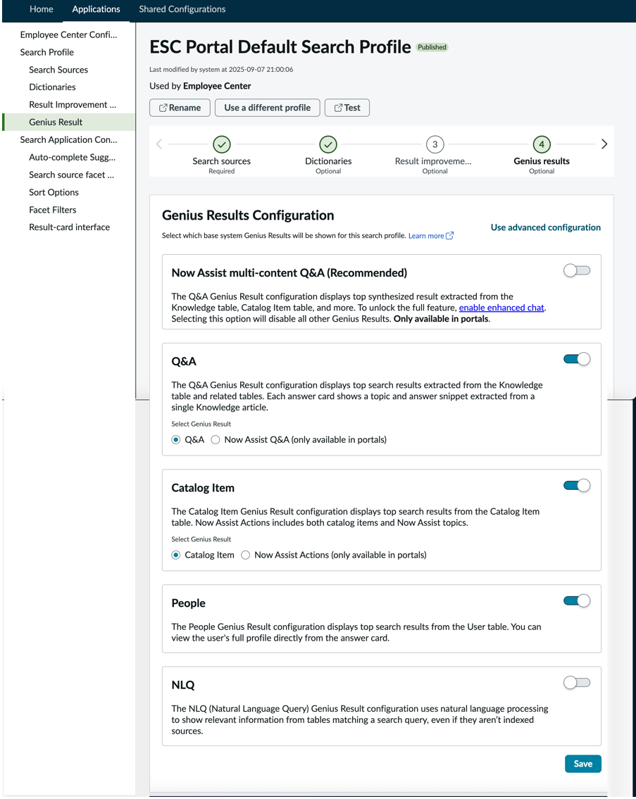 AI Search Admin console Genius Results view in the basic configuration.