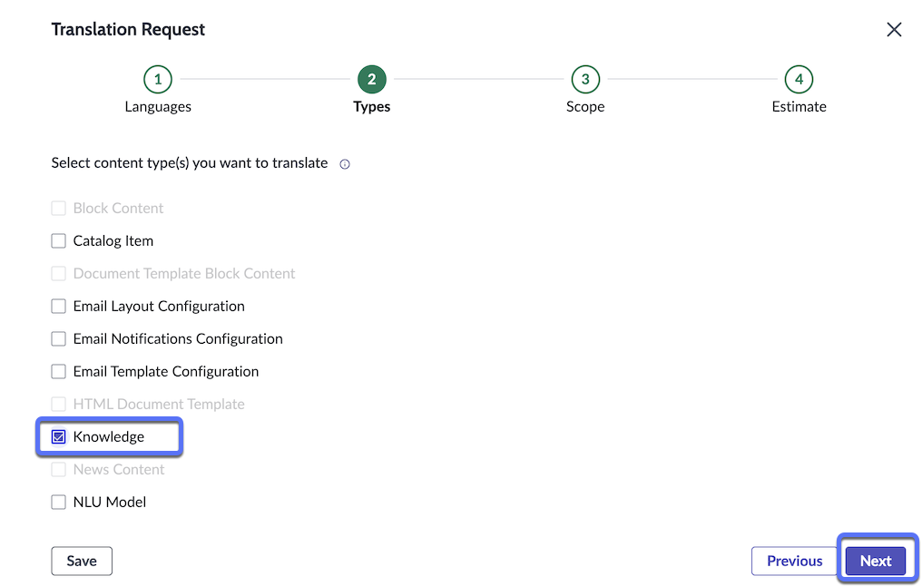 The Types step in the Translation Request wizard in Localization Workspace, with the Knowledge type highlighted. There are four steps in the wizard. Types is step number two.