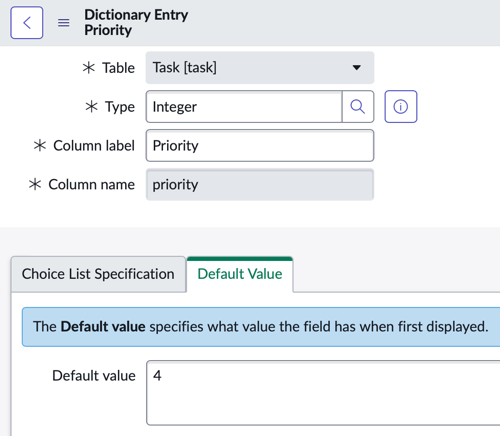 The dictionary entry for the Priority field has a default value of 4.