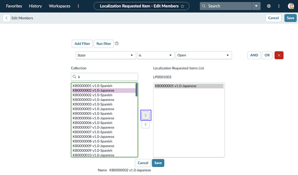 The Edit Members window is open, showing both the Collection list of available items and the Localization Requested Items list. One item has been selected.