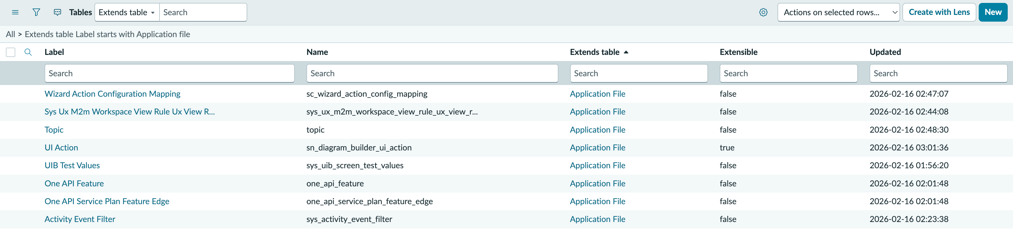 A list of tables that extend the Application File table.