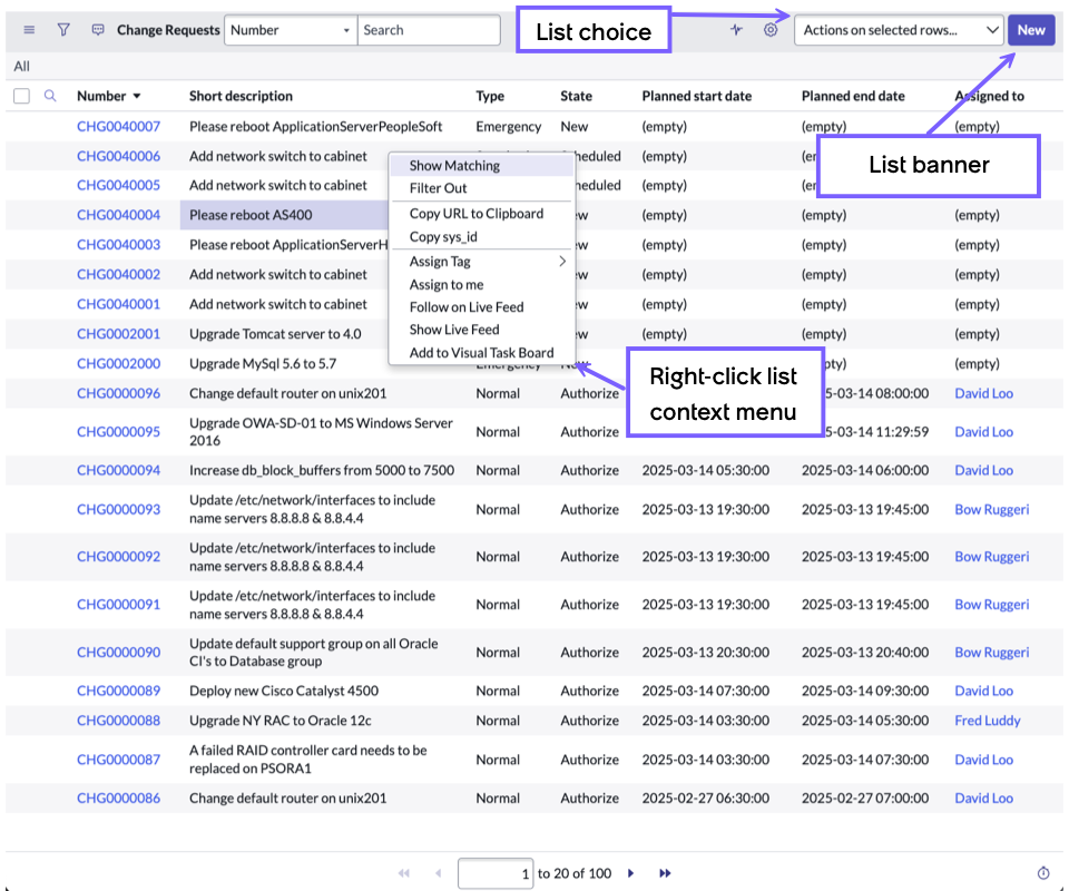 List UI elements controlled by UI actions.