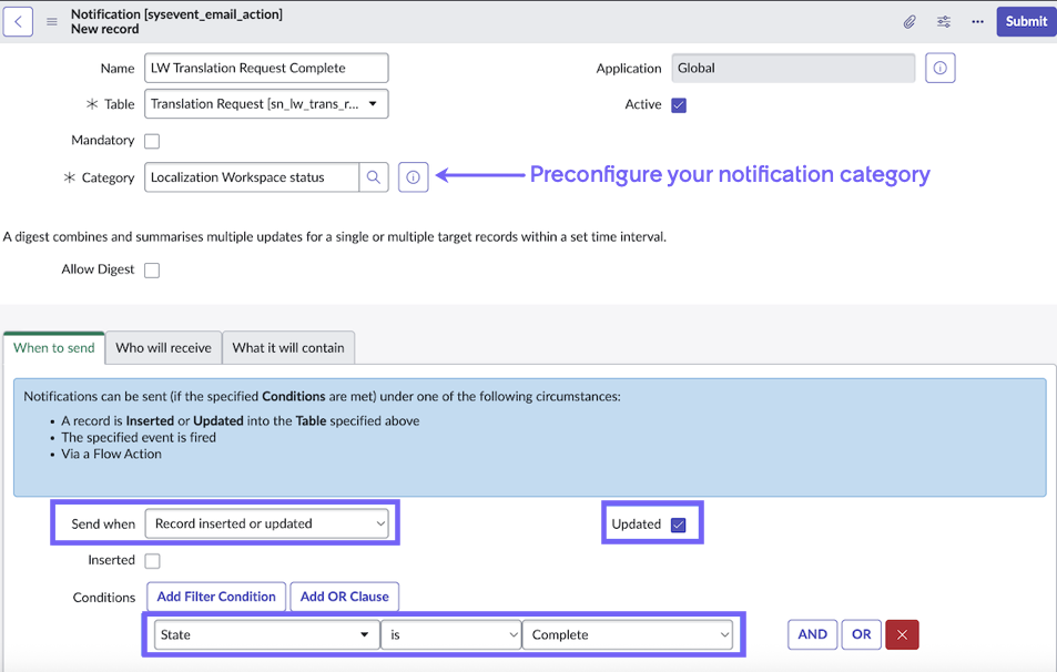A new email notification with values related to Localization Workspace's Translation Request table. The When to send tab is highlighted.