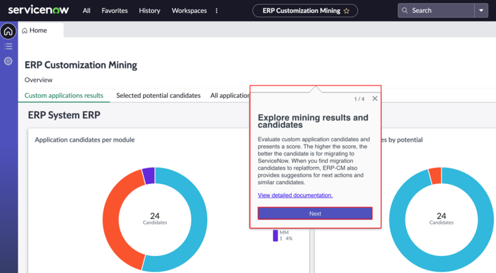 ガイド付きツアーの最初のステップが表示された ERP カスタマイズマイニングホームページダッシュボード。