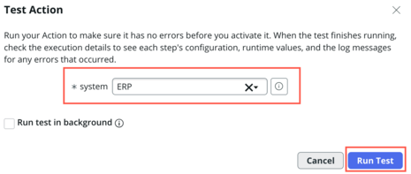 システムフィールドと [テストを実行] ボタンが強調表示されたテストアクションウィンドウ。