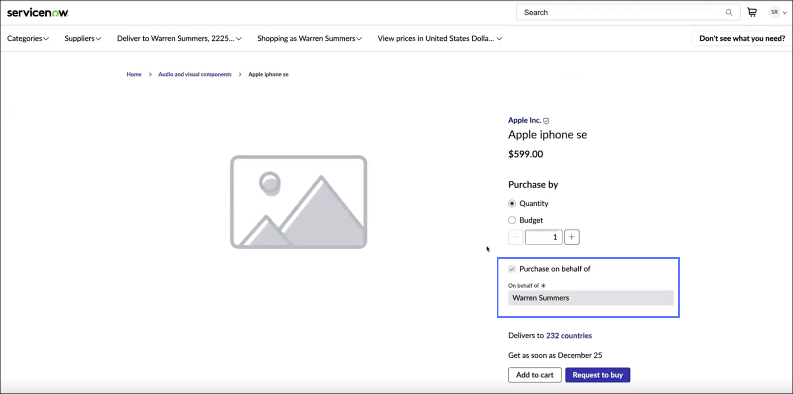 Shopping Hub product page with disabled "Purchase on behalf of" check box showing Warren Summers selected.