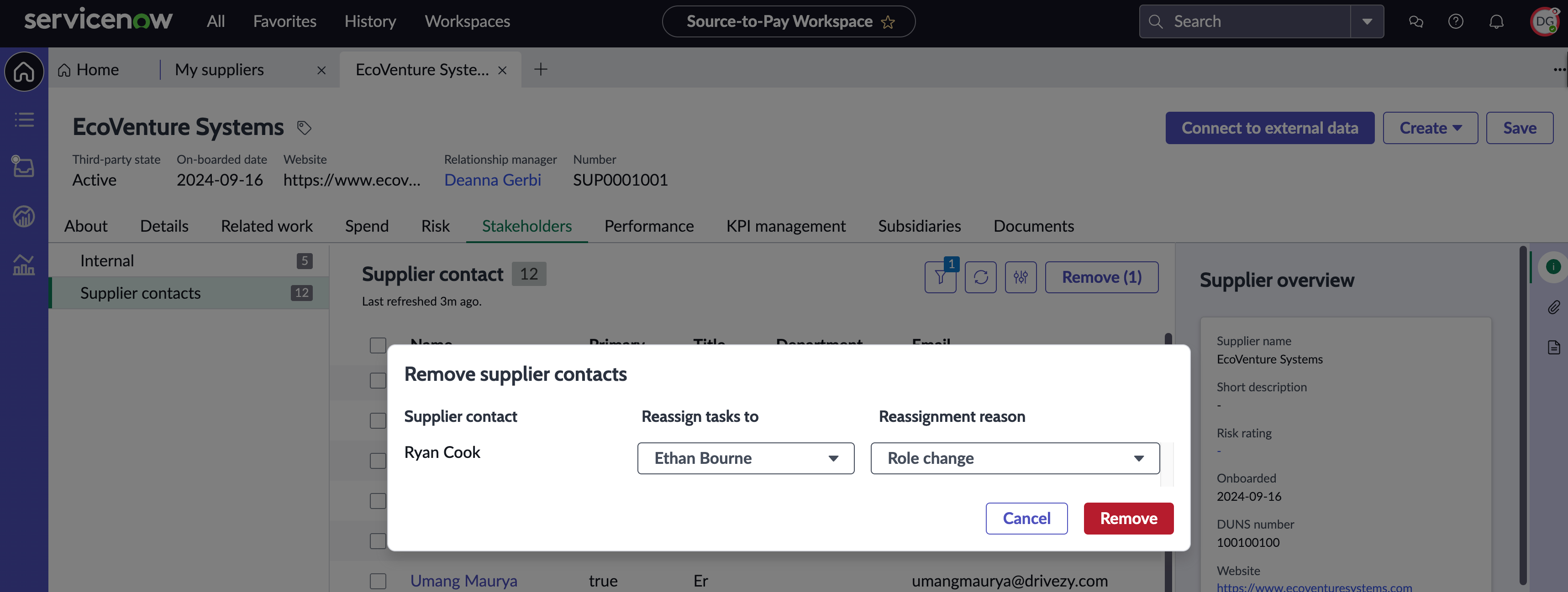 Remove supplier contacts dialog box for reassigning tasks.