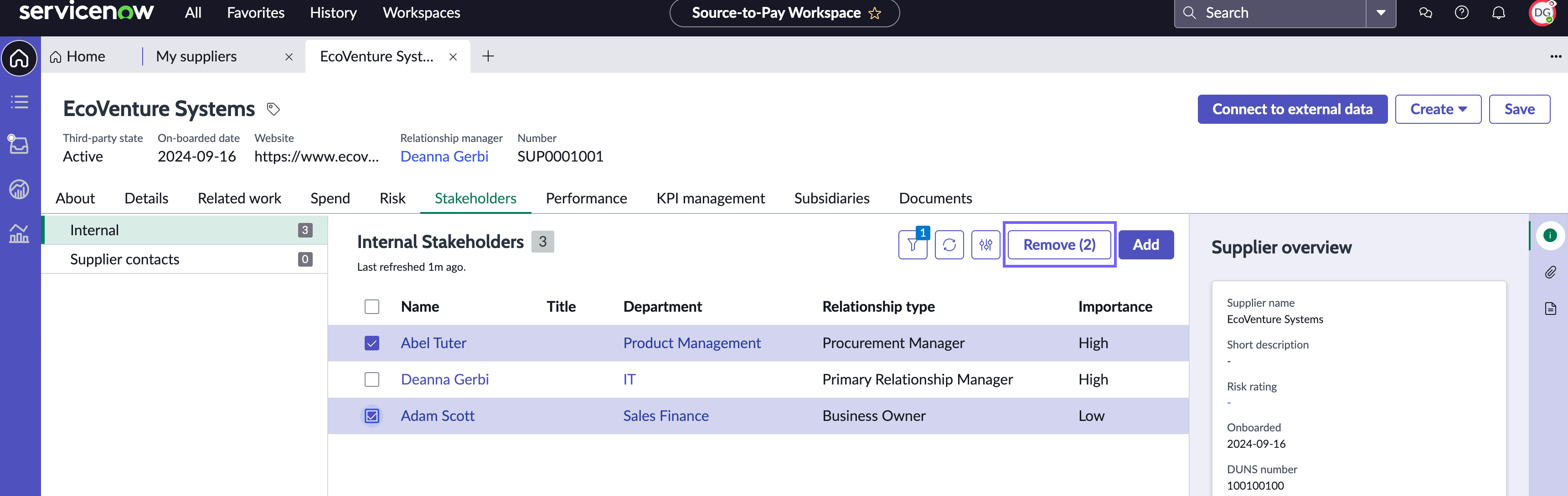 Selected button to remove internal stakeholder.