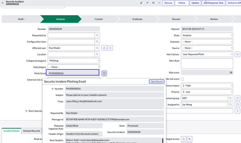 Security incident associated with the phishing email record