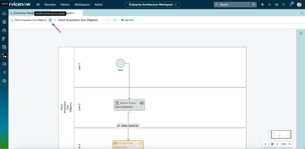 Modify business process details icon on the BPMN diagram page