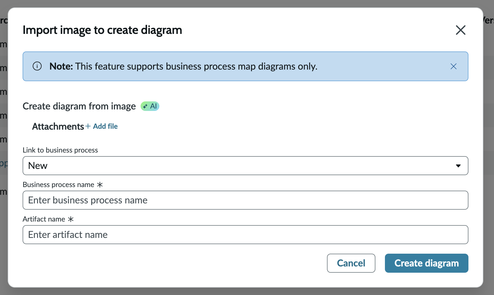 Import image to create diagram dialog, showing a drag-and-drop upload area, Link to business process field, Business process name field, and Artifact name field.