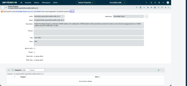 System property form for sn_kg.description_generation.enable.cmdb_rel_ci, with a banner alert containing the here link to switch the editing application to Knowledge Graph.