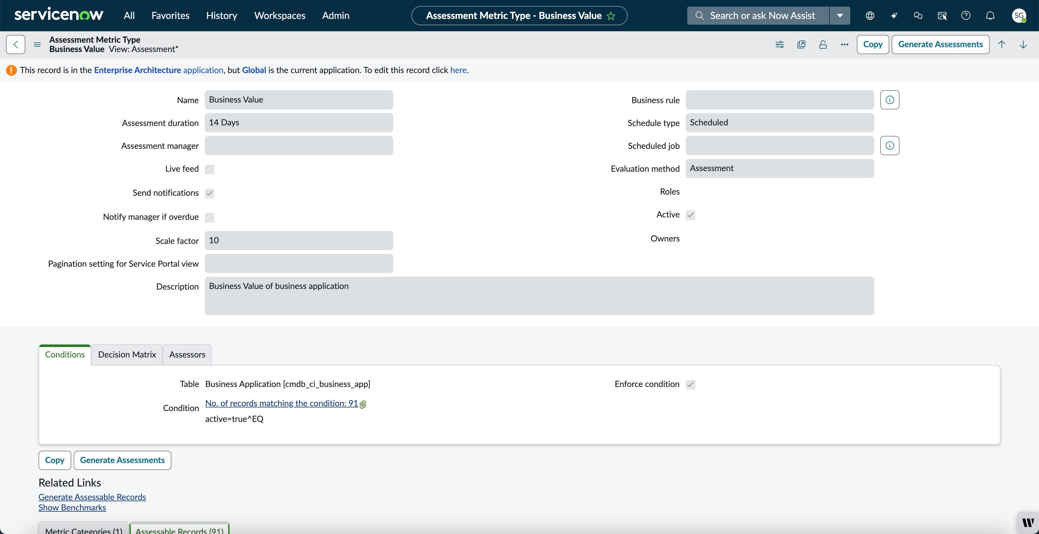 Generate assessments for business value