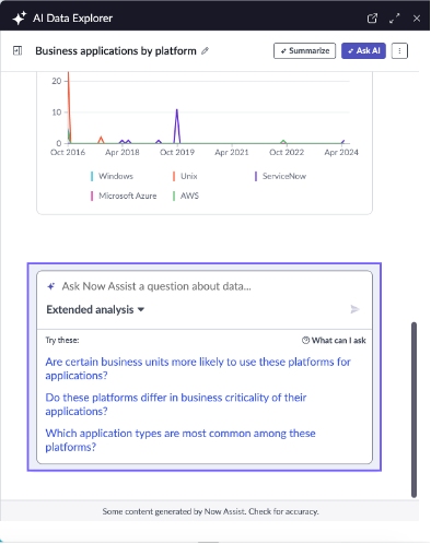 Screenshot of the AI Data Explorer window displaying list of follow-up questions.
