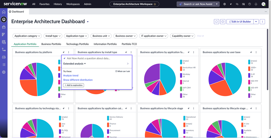 Enterprise Architecture Workspace Dashboard page displaying the Explore with AI pop-up window.
