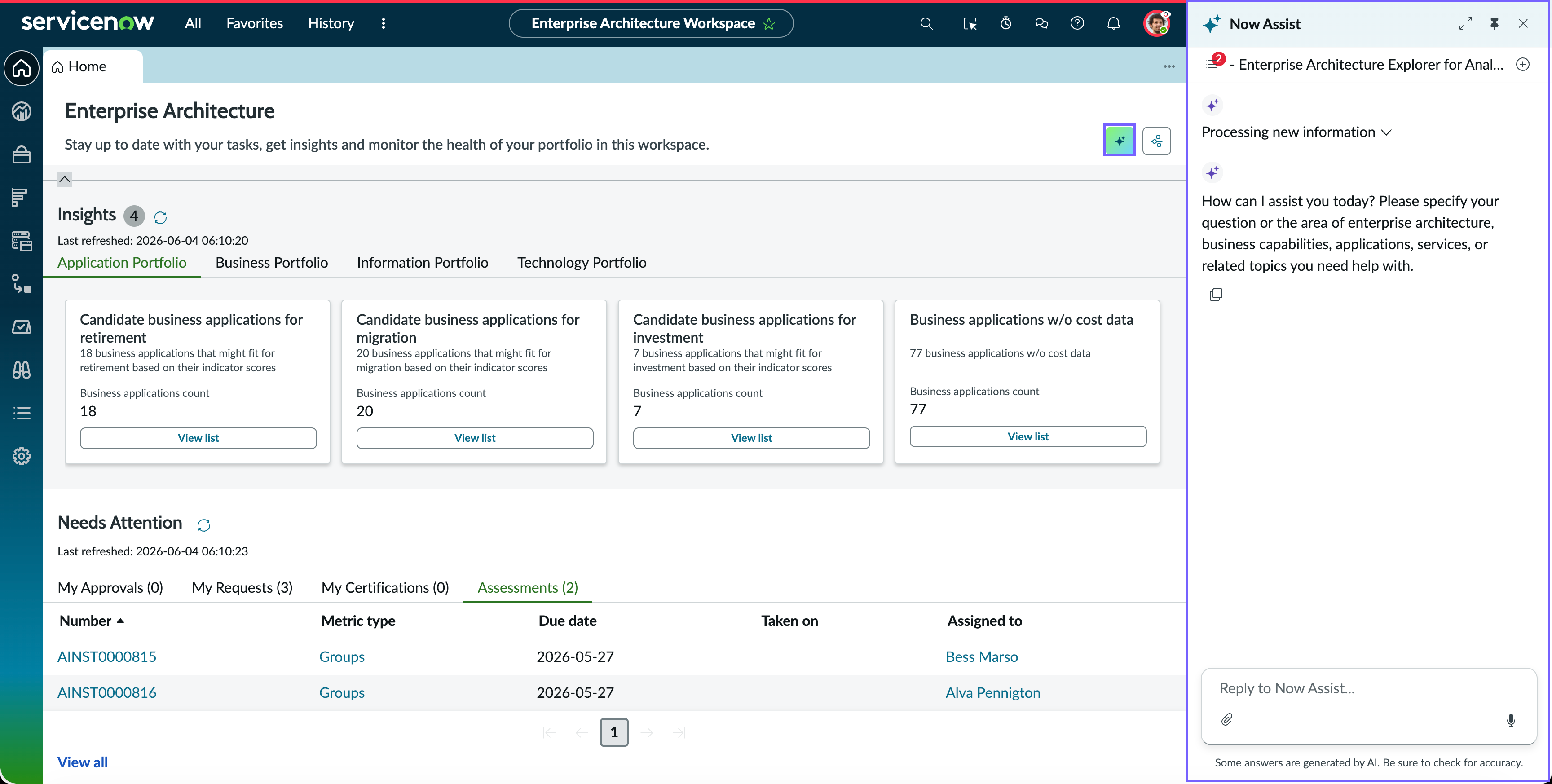 Enterprise Architecture Workspace home page with the Now Assist panel open, displaying a prompt to enter a natural language question about enterprise architecture.
