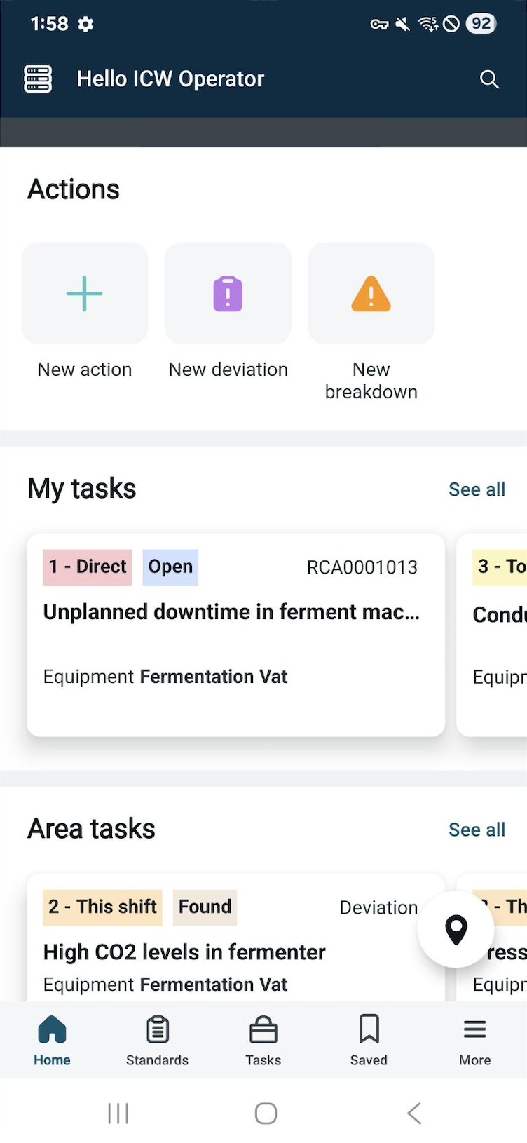 Tasks shown on the ICW Mobile Experience under My Tasks and Area Tasks on the Home page