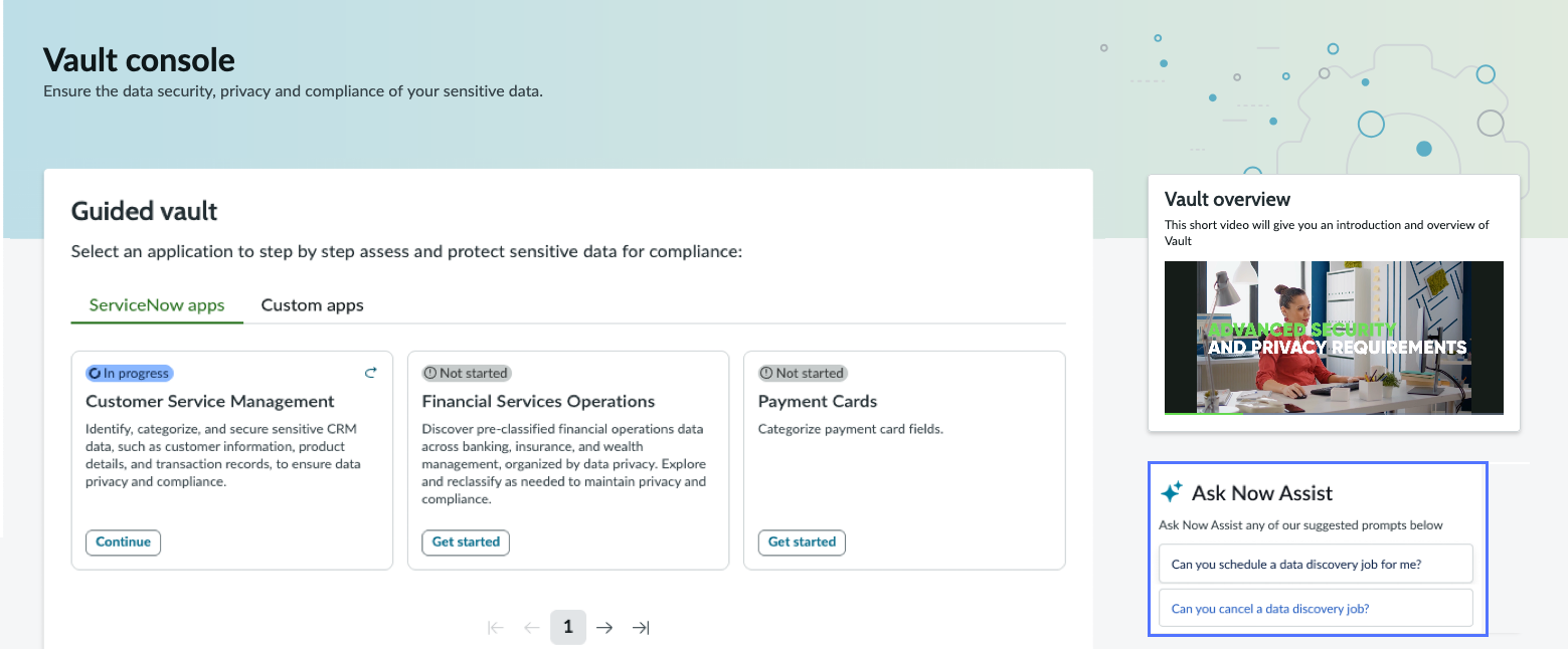 Vault console dashboard with the Ask Now Assist panel highlighted.
