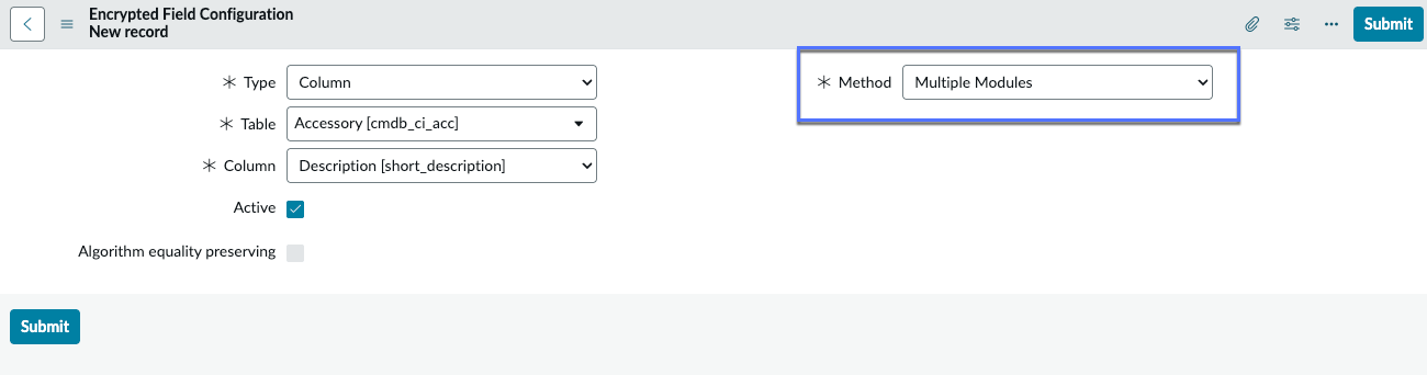 Multiple Modules selected as the method Encrypted Field Configurations.