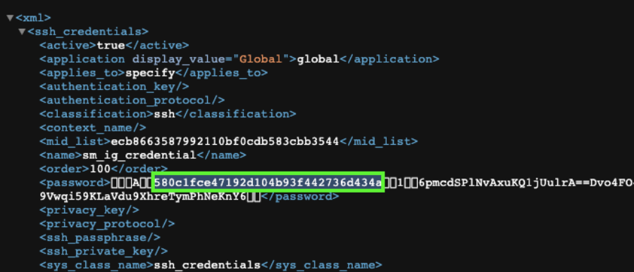 XML from the SSH credentials record, with the sys_id highlighted